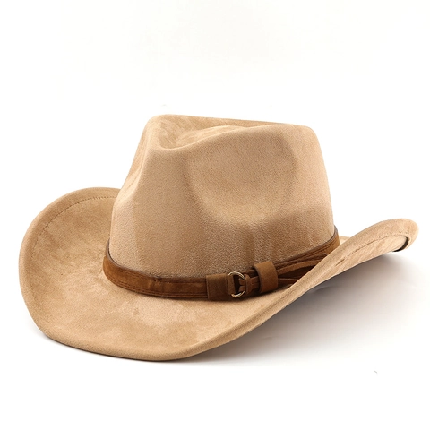 Cappello Da Cowboy Occidentale Scamosciato Tesa Larga Stile Vintage Fedora Con Cintura Con Fibbia Uomo Donna