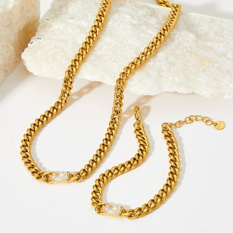 Bijoux En Acier Inoxydable Collier Bracelet Pour Femmes Chaîne Cubaine Avec Zircone Cubique Rectangulaire Style Hip Hop Poli