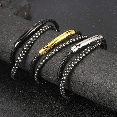Bracciale Da Uomo In Pelle Intrecciata A Doppio Strato Perline In Acciaio Inossidabile Chiusura Magnetica Gioielli Minimalisti