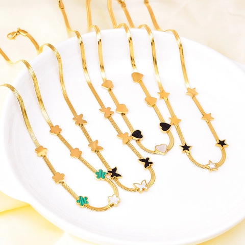 Set Collana E Bracciale In Acciaio Inossidabile Placcato Oro Catena Serpente Piatta Ciondoli Cuore Farfalla Stella Trifoglio Donna