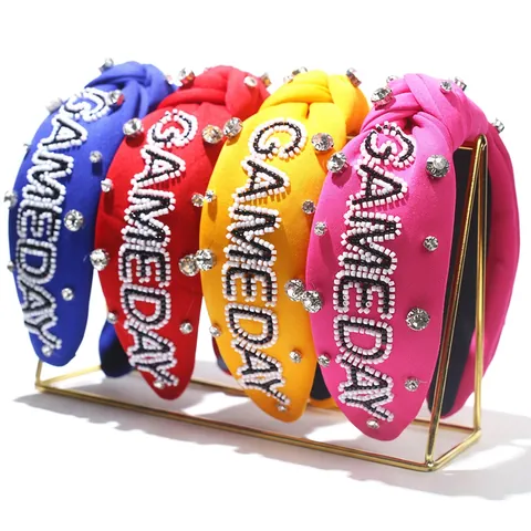 Gameday Beaded Knotted Headband Wide Cloth Hair Band With Rhinestones For Sports Party Women