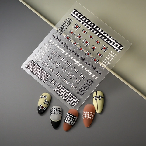 Autocollants Nail Art 5D Motifs Pied-De-Poule Nœud Strass Décalcomanies Style Français Manucure Autocollante Pour Femmes