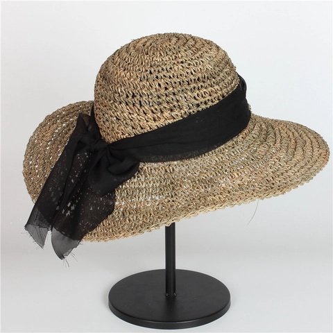 Women Elegant Wide Brim Straw Sun Hat Natural Raffia Woven Beach Vacation Cap With Black Ribbon Bow Foldable Breathable