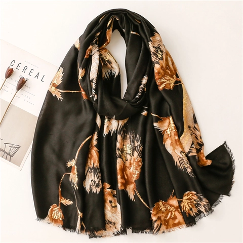 Elegant Scarf Shawl Satin Polyester Gold Stamping Botanical Print Frayed Edge Soft Lightweight Winter Autumn Women