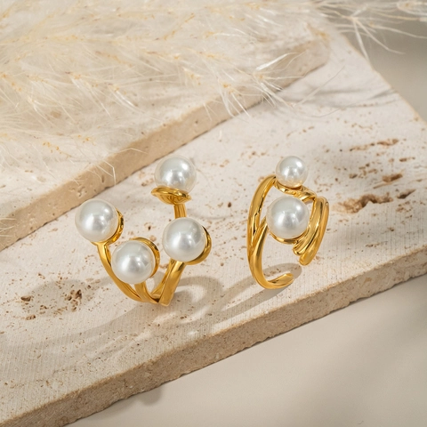 Geometrischer Künstliche Perlenring Aus Vergoldetem Edelstahl Wasserdicht Anlauffrei Verstellbar Offen Eleganter Schmuck Für Damen