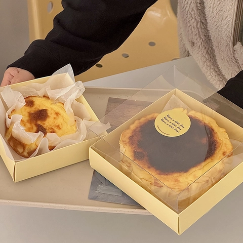 Basque Cheesecake Box With Transparent Lid Cardboard Pastry Container Chiffon Cake Packaging For Dessert Shop