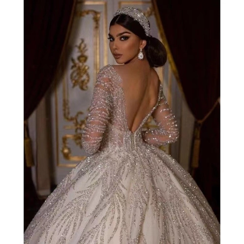 Robe De Mariée Luxe Paillettes Perles Manches Longues Col En V Profond Dos Nu Robe De Bal Avec Longue Traîne Bandeau Et Boucles