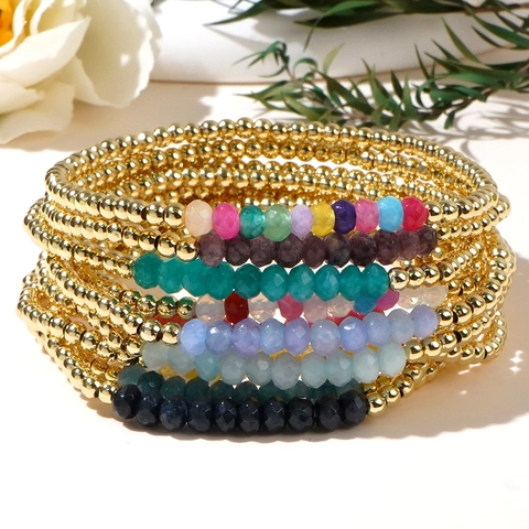 Golden Copper Round Beads Bracelet With Multi Color Faceted Gemstones Handmade Minimalist Jewelry For Women