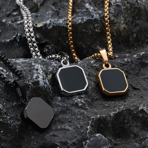 Collana Con Ciondolo Ottagono Geometrico Acciaio Inossidabile Smalto Nero Streetwear Hip Hop Trendy Catena Box Gioielli