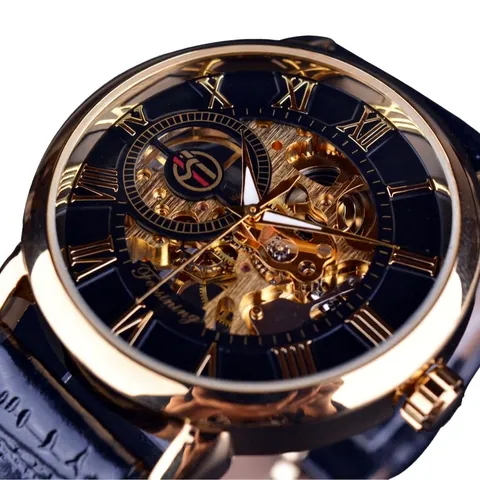 FORSINING Vintage Skeleton Mechanical Watch For Men Roman Numerals Dial Luminous Hands Metal Case Faux Leather Strap