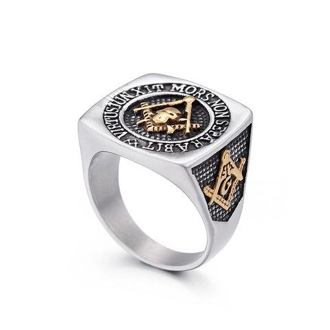 Herren Retro Freimaurer Siegelring Edelstahl Bi-Color Totenkopf Punk Hip Hop Schmuck Latein Gravur Zubehör