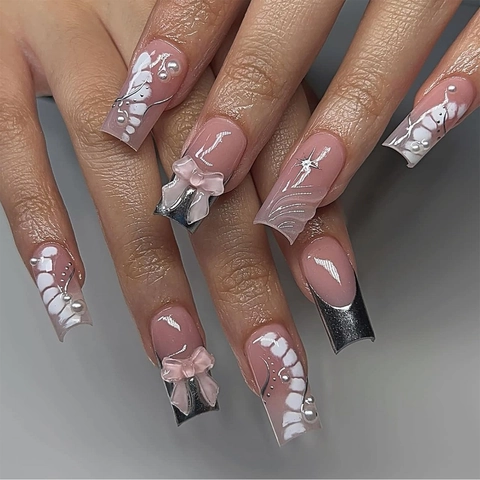 Pink Press On Nails With 3D Bowknot Silver French Tips Artificial Pearls Star Pattern Square Round False Artificial Nails For Women