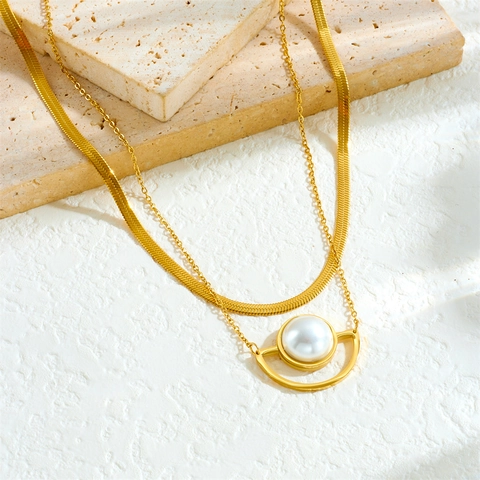 Collana A Strati Placcata Oro Acciaio Inossidabile Catena A Serpente Con Pendente A Semicerchio Perla Artificial Per Donna Moda