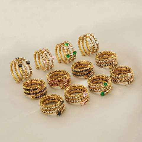 Roestvrijstalen Ring Voor Dames 18K Verguld Kleurrijke Zirkonia Hartvormige Meerlaagse Spiraal Geometrische Sieraden