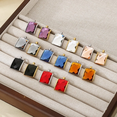 Colgante Rectangular De Vidrio Facetado Marco De Acero Inoxidable Charm Geométrico Moda Vintage Accesorio Joyería DIY Para Mujeres