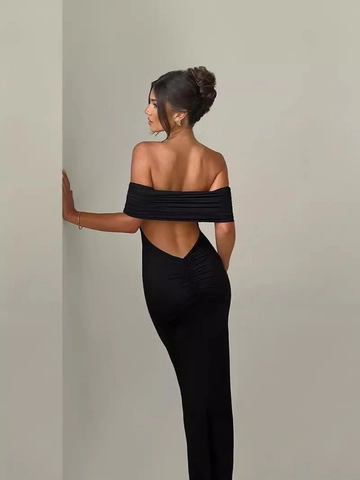 Sexy Off Shoulder Backless Bodycon Maxi Jurk Geplooid Elegant Avondfeest Mouwloos Slanke Pasvorm Polyester Elastaan