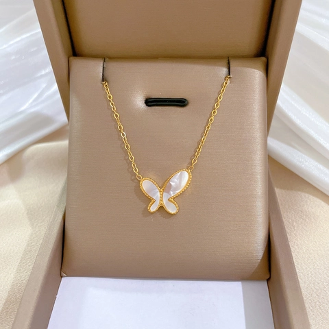 Butterfly Pendant Necklace Titanium Steel Mother Of Artificial Pearl Inlay Minimalist Elegant Jewelry For Women Clavicle Chain