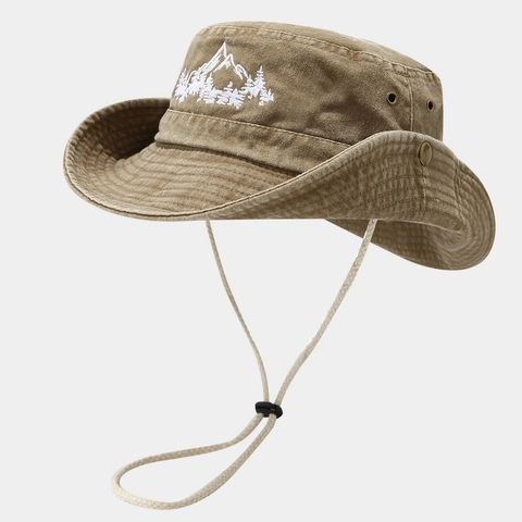 Washed Cotton Boonie Hat Vintage Mountain Embroidery Wide Brim Sun Hat With Windproof Rope For Outdoor Hiking Camping