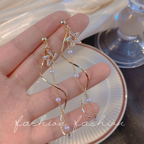 Pendientes Largos de Aleación Chapados en Oro con Estrella y Borla Poste de Plata 925 Perla Artificial Strass Joyería Mujer