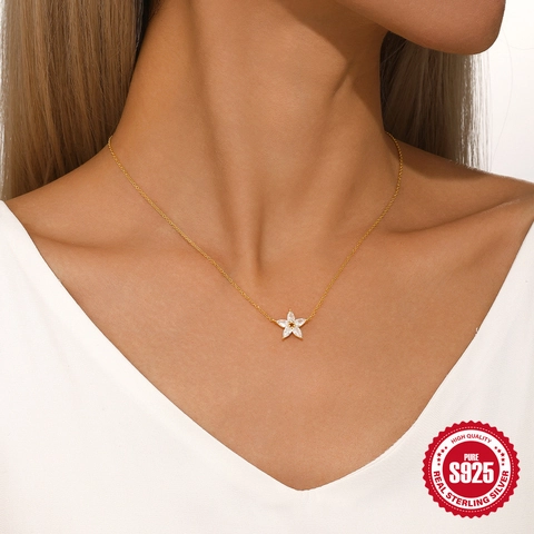 Necklace 925 Sterling Silver Petal Flower Star Pendant Gold Plated With Zirconia Minimalist Jewelry For Women