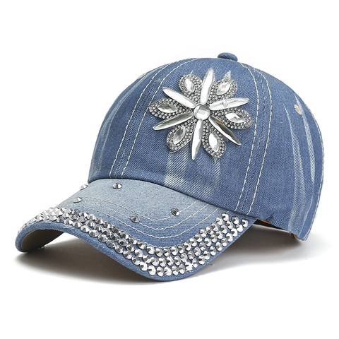Cappellino Da Baseball In Denim Con Fiori Di Strass Cappello Parasole Lavato Per Donna Moda Vintage Regolabile
