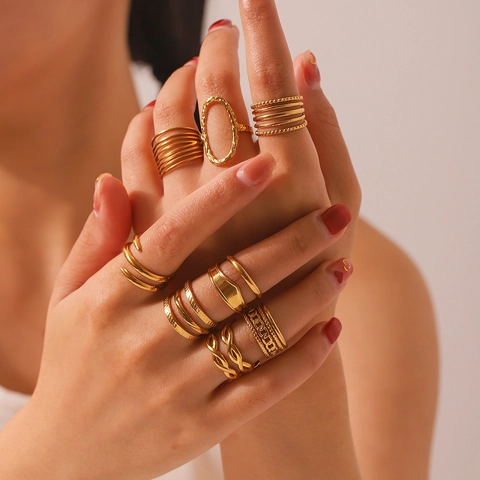 Minimalistisch Geometrisch Ausgehöhlt Edelstahl Offen Verstellbarer Ring Für Frauen Vergoldet Mode Strukturiert Schmuck