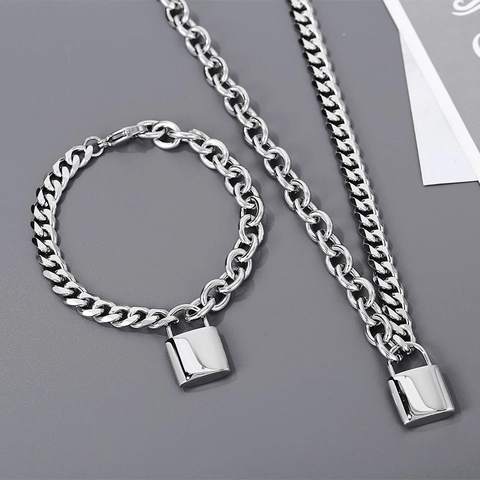 Chunky Cuban Link Necklace And Bracelet Stainless Steel Padlock Pendant Punk Hip Hop Unisex Fashion Jewelry Accessories