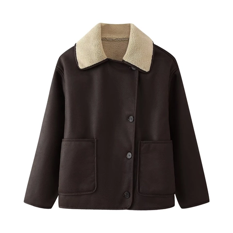 Chaqueta De Gamuza Sintética Sherpa Para Mujer Cuello De Solapa Corte Holgado Abrigo Botonadura Sencilla Bolsillos Grandes Ropa De Invierno Marrón