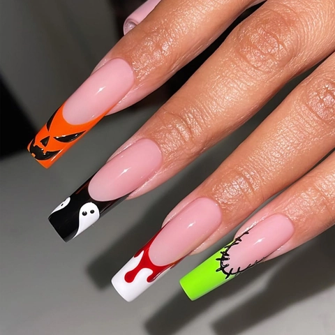 Halloween Press On Nails Lange Ballerina Kunstnagels Met Pompoen Geest Bloedruppels Patroon Voor Vrouwen DIY Manicure Plastic