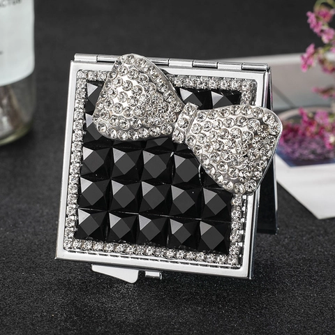 Portable Makeup Mirror Square Metal Folding Pocket Compact Rhinestone Bow Sparkling Elegant Travel Cosmetic Vanity Tool