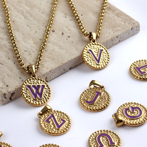 Rund Halskette Mit Buchstabenanhänger Edelstahl Gold Plated Lila Emaille Initial Alphabet A-Z Retro Hip Hop DIY Schmuck
