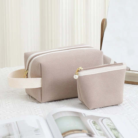 Makeup Bag Corduroy Waffle Texture Large Capacity Portable Cosmetic Storage Travel Wash Organizer Artificial Pearl Zipper For Women