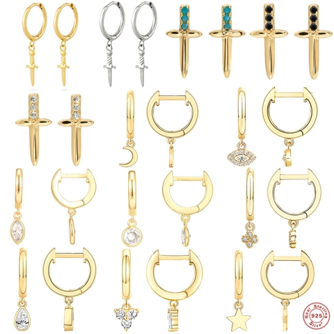 Orecchini a Cerchio in Argento Sterling 925 per Donna Oro Argento Zirconia Croce Luna Stella Malocchio Pugnale Orecchini Huggie