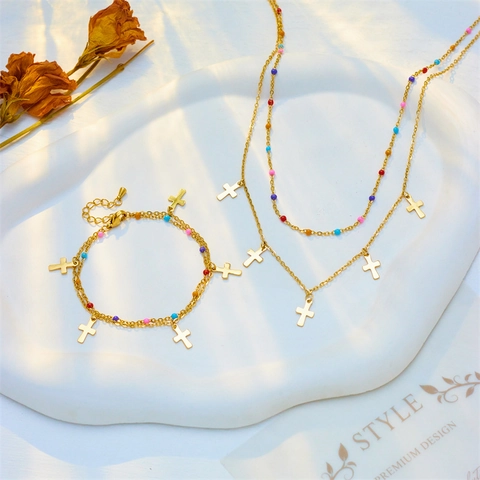 Double Layer Stainless Steel Cross Pendant Necklace And Bracelet With Colorful Beads Gold Plated Fashion For Women