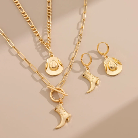 Western Cowboy Hat And Boot Asymmetric Hoop Earrings And Necklace Alloy Vintage Personalized Jewelry For Women
