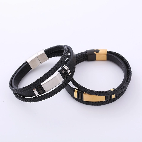 Bracciale Da Uomo In Pelle Intrecciata Con Chiusura Magnetica In Acciaio Inossidabile Gioielli Di Moda Multistrato