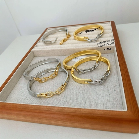 Geometric C-Shape Open Bangle Bracelet Copper 18K Gold Plated Micro Pave Cubic Zirconia Two Tone Fashion Jewelry Women
