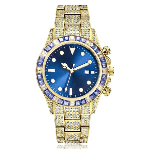 Men's Quartz Watch Luxury Iced Out Rhinestone Alloy Metal Band Luminous Hands Calendar Date Waterproof Wristwatch