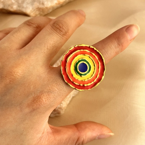 Vintage Roestvrij Staal Verguld Regenboog Emaille Open Ring Dames Heren Veelkleurige Concentrische Cirkels Verstelbare Sieraden Ring