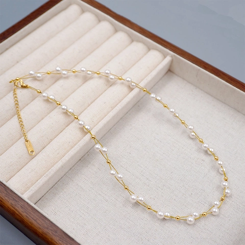 Handgewebte Künstliche Perlen Choker Halskette Mit Kleinen Goldperlen Minimalistische Elegante Verflochtene Schlüsselbeinkette Für Damen
