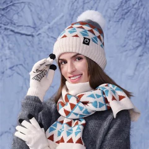 Cappello Sciarpa E Guanti Touchscreen In Maglia Invernale Da Donna Foderati In Pile Acrilico Motivo Geometrico Caldo Pompon