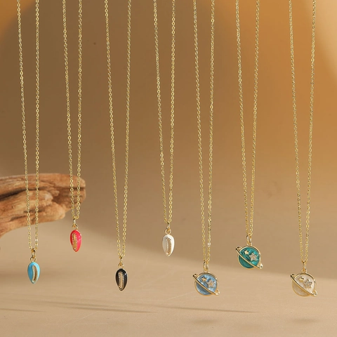 Vintage Planeet Ster Hanger Ketting Koper Emaille Schelp Sieraden Voor Vrouwen Niche Minimalistisch Sleutelbeen Ketting