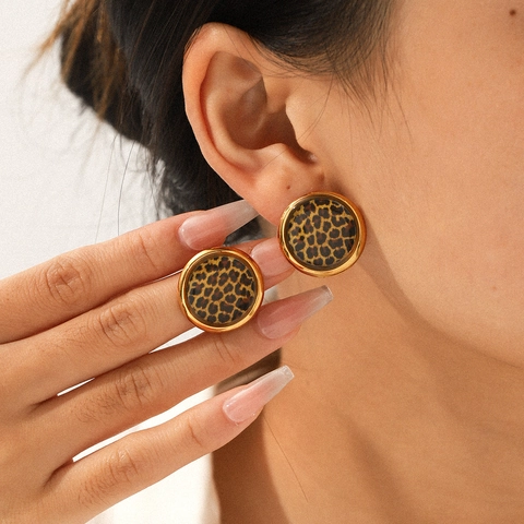 Geometrisches Schmuckset Mit Leopardmuster Edelstahl 18K Vergoldet Ohrringe Und Ring Vintage Luxus Accessoire Für Damen