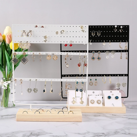 144 Holes Jewelry Display Organizer Stand Iron Metal Earring Holder Rack With Wooden Base For Studs Rings Home Storage