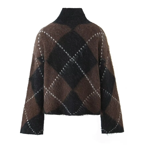 High Neck Argyle Sweater And Knit Skirt Mohair Style Pullover Long Sleeve Vintage Streetwear Outfit For Women