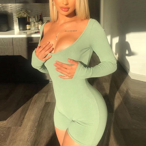 Women Long Sleeve Ribbed Romper Sexy U Neck Slim Fit Solid Color One Piece Bodysuit Casual Loungewear