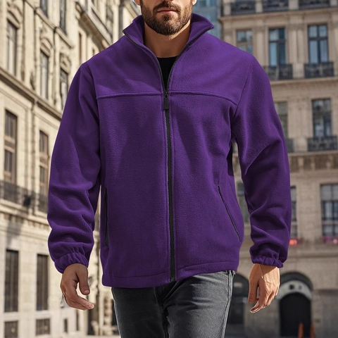 Men Fleece Jacket Stand Collar Full Zipper Outdoor Warm Solid Color Casual Coat Sporty Outwear