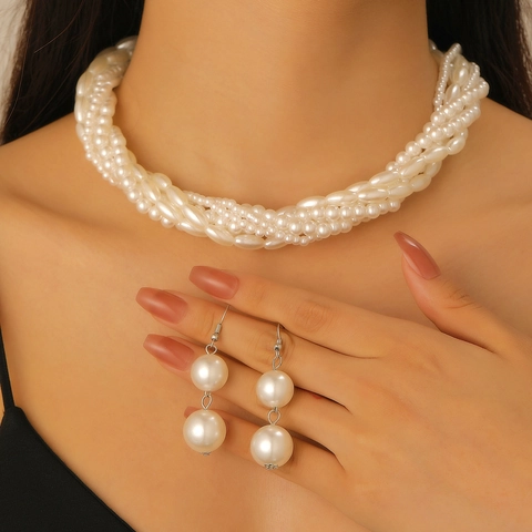 French Vintage Artificial Pearl Necklace Earring Pair For Women Alloy Rhinestone Floral Pendant Choker Wedding Party Jewelry