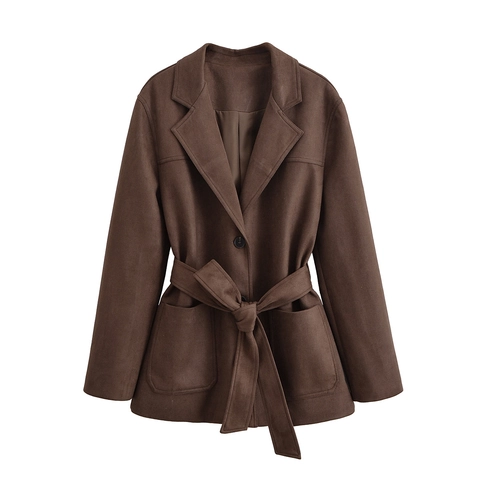 Gabardina De Gamuza Para Mujer Con Cinturón Cuello De Solapa Mangas Largas Abotonadura Sencilla Chaqueta De Color Sólido