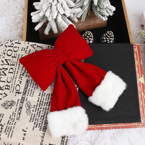 Fiocco Di Natale Ornamento Velluto Rosso E Pelliccia Sintetica Bianca Grande Fiocco 3D Per Albero Ghirlanda Decorazione